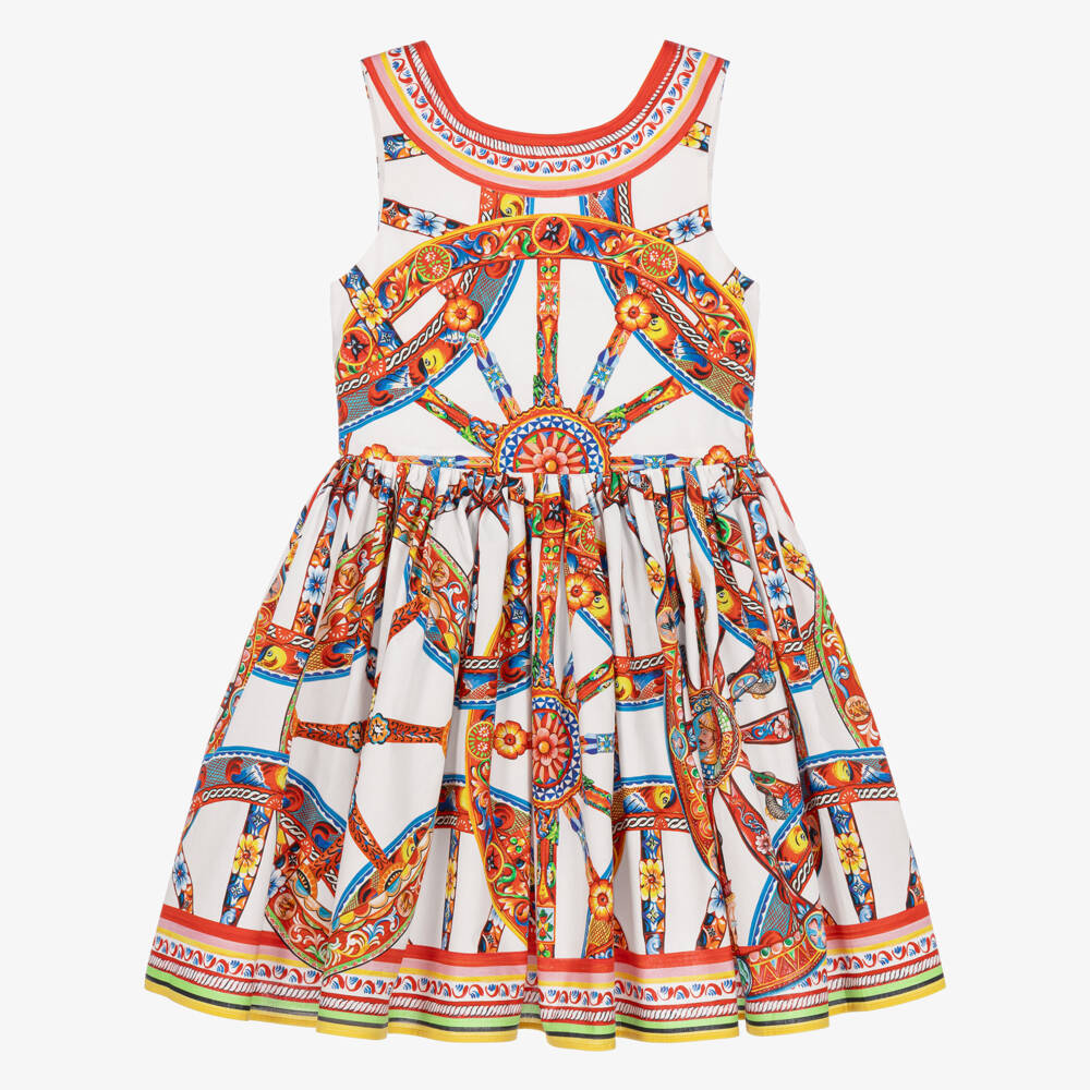 Dolce & Gabbana-Girls White Cotton Sleeveless Dress with Carretto Print | Childrensalon