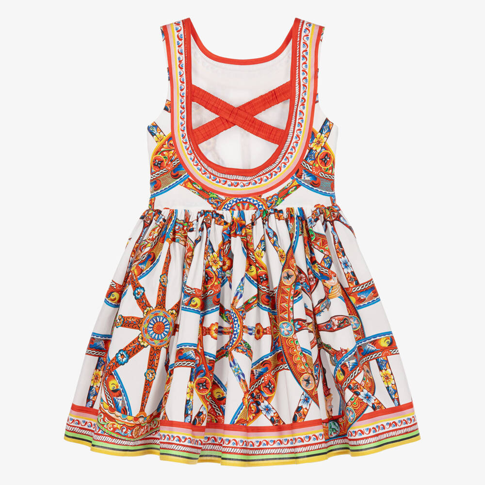 Dolce & Gabbana-Girls White Cotton Sleeveless Dress with Carretto Print | Childrensalon