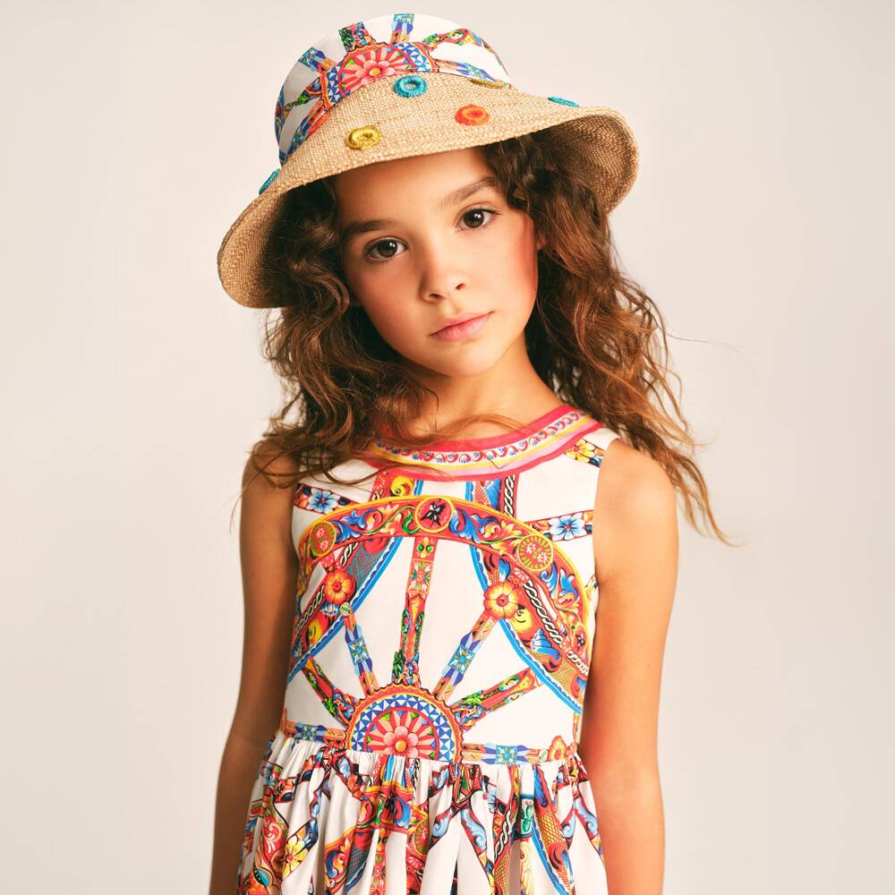 Dolce & Gabbana-Girls White Cotton Sleeveless Dress with Carretto Print | Childrensalon