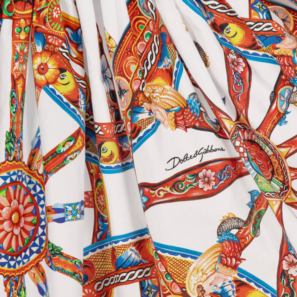 Dolce & Gabbana-Girls White Cotton Sleeveless Dress with Carretto Print | Childrensalon