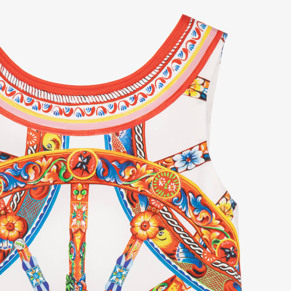 Dolce & Gabbana-Girls White Cotton Sleeveless Dress with Carretto Print | Childrensalon