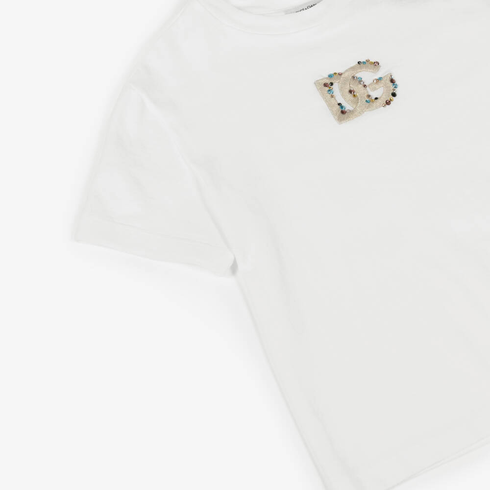 Dolce & Gabbana-Футболка белая хлопковая с вышитым логотипом из страз для девочек | Childrensalon