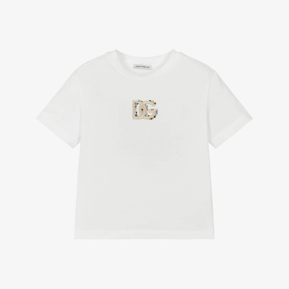 Dolce & Gabbana-Футболка белая хлопковая с вышитым логотипом из страз для девочек | Childrensalon
