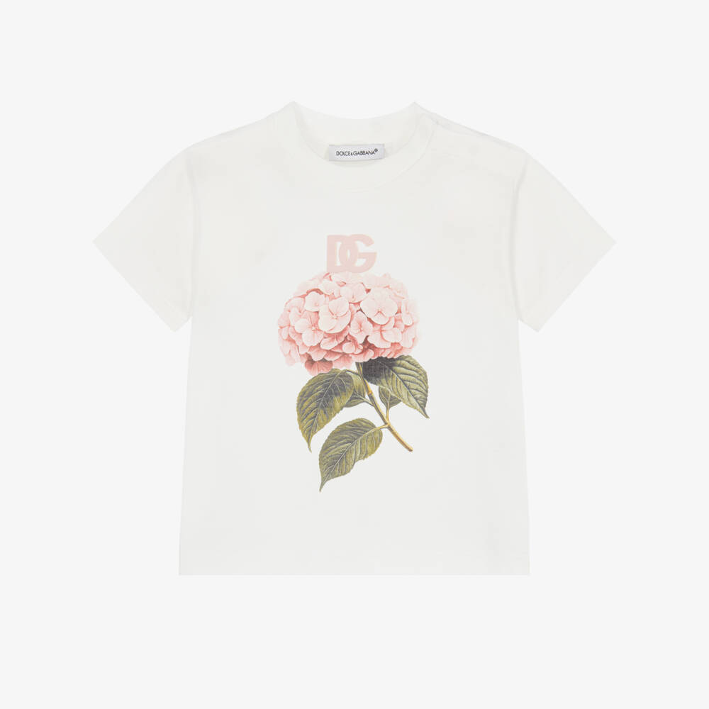 Dolce & Gabbana-Girls White Cotton T-Shirt with Hydrangea Print | Childrensalon