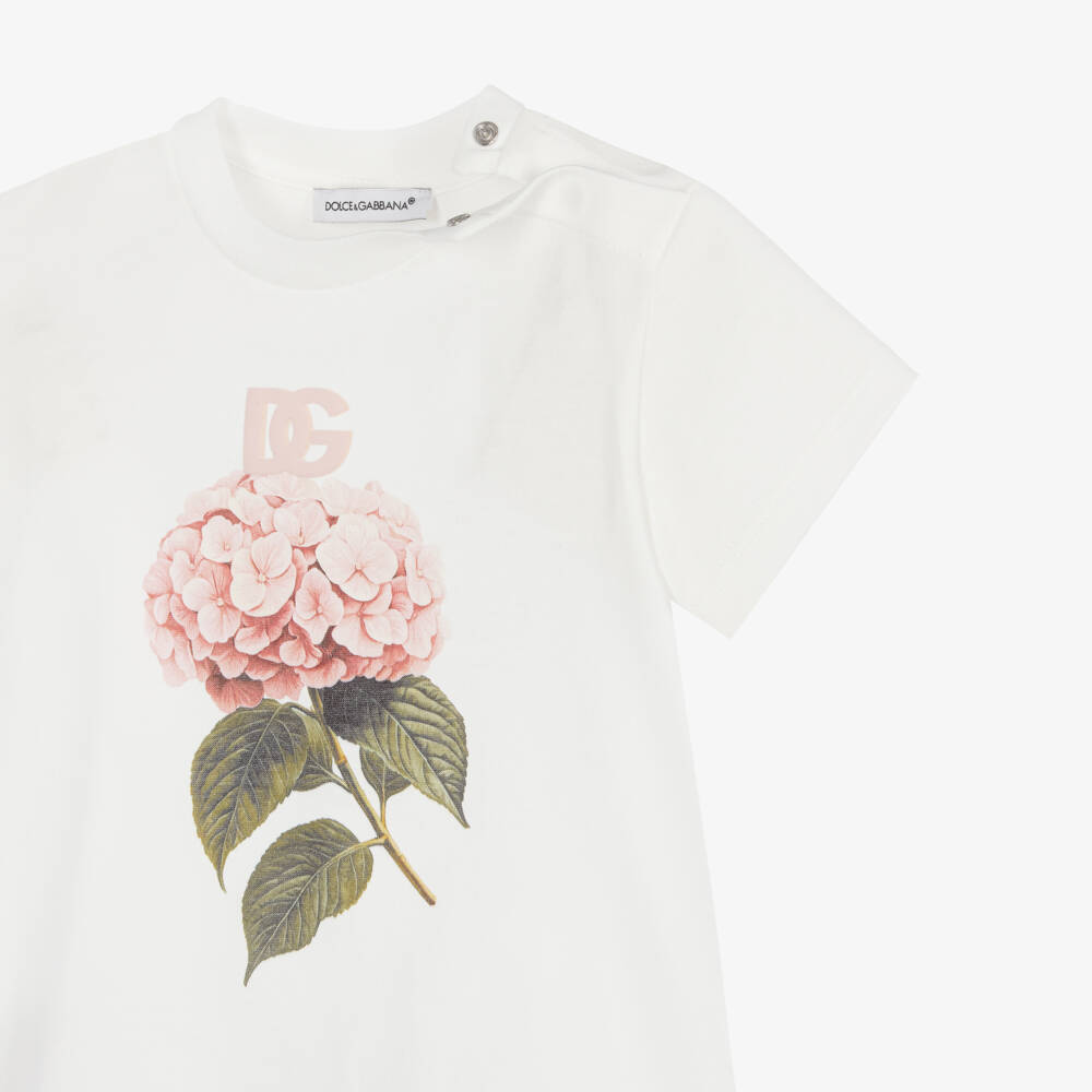 Dolce & Gabbana-Girls White Cotton T-Shirt with Hydrangea Print | Childrensalon