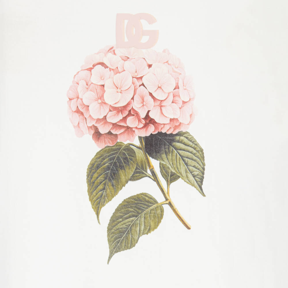 Dolce & Gabbana-Girls White Cotton T-Shirt with Hydrangea Print | Childrensalon