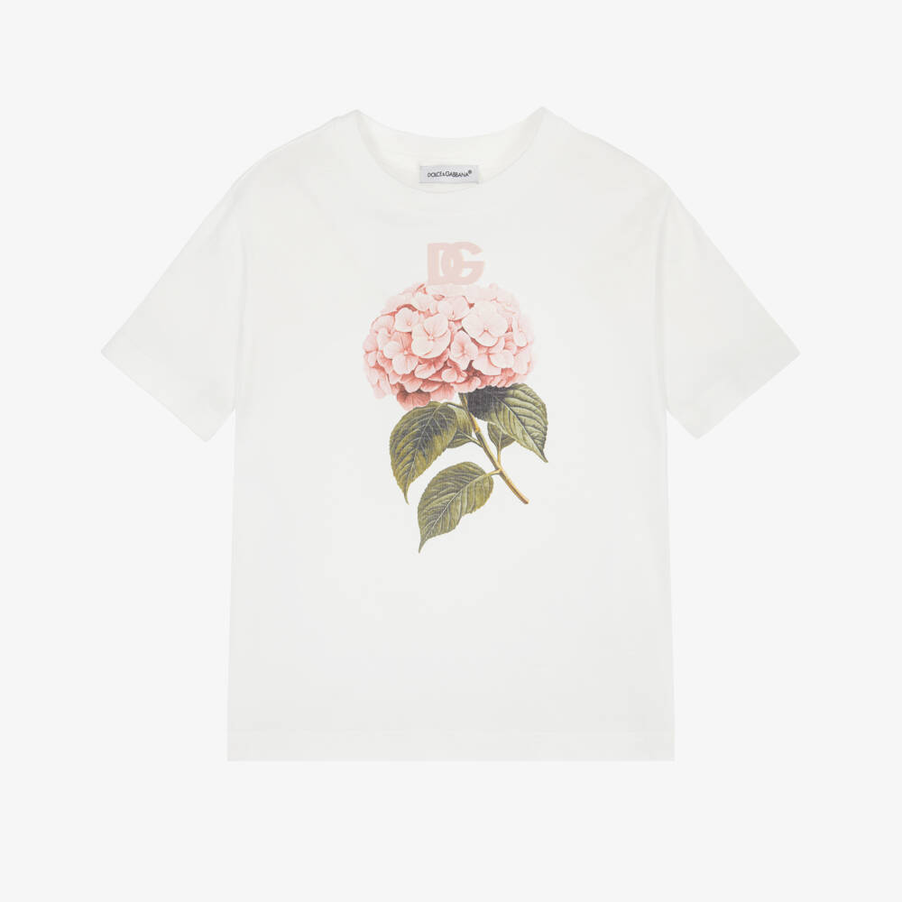 Dolce & Gabbana-Girls White Cotton T-Shirt with Hydrangea Print | Childrensalon