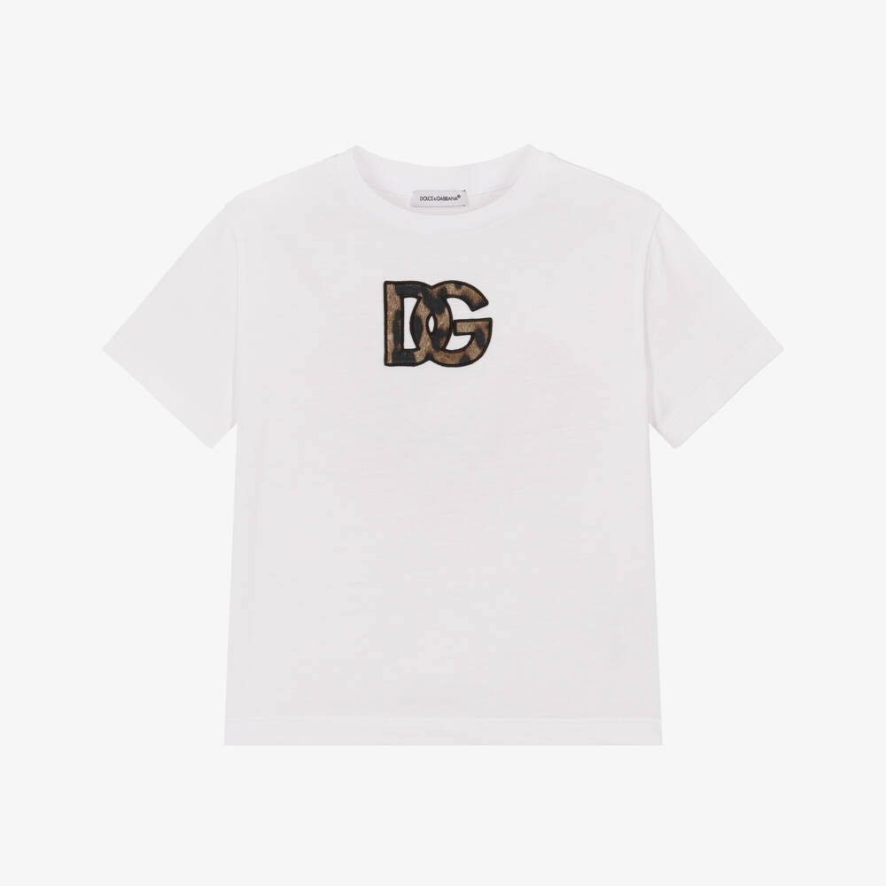 Dolce & Gabbana-Girls White Cotton T-Shirt with Leopard Print DG Logo | Childrensalon