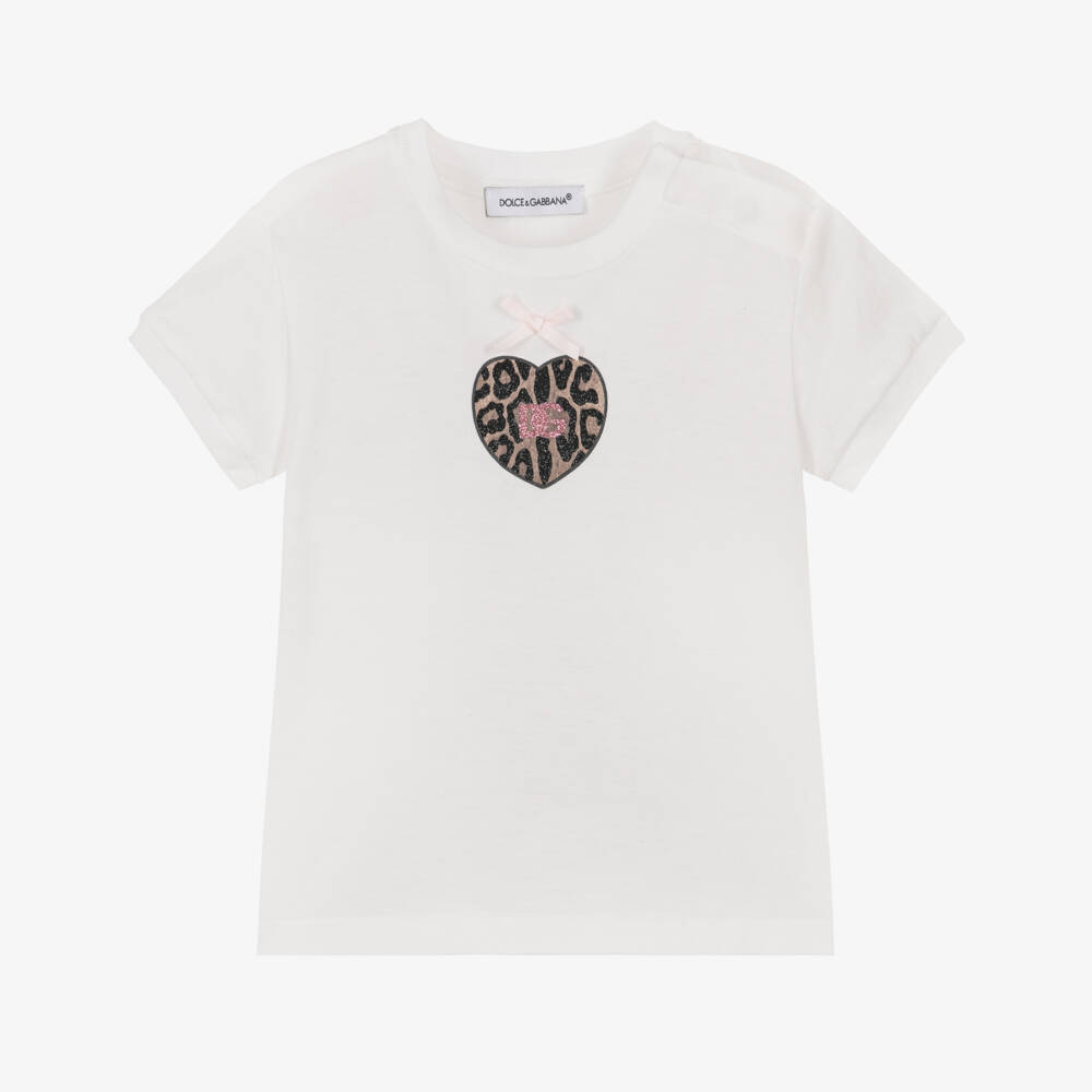Dolce & Gabbana-Girls White Cotton T-Shirt with Leopard Print Logo Heart | Childrensalon