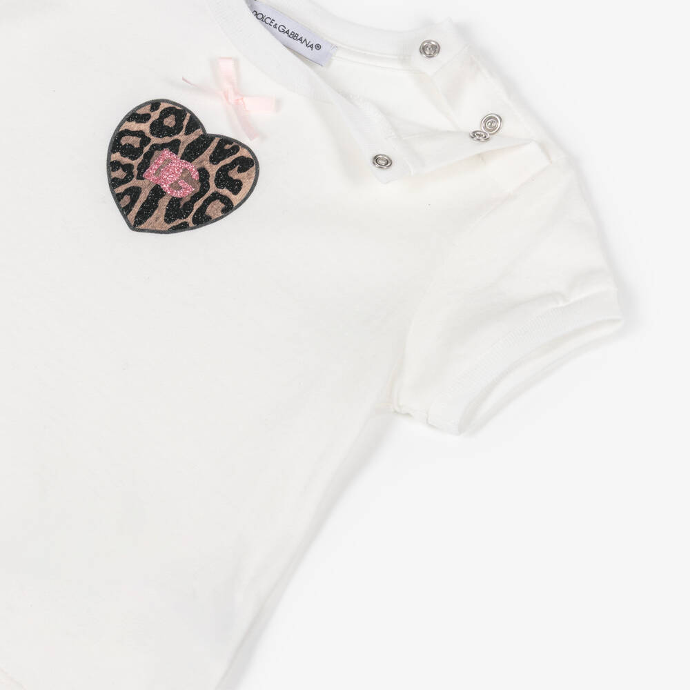 Dolce & Gabbana-Girls White Cotton T-Shirt with Leopard Print Logo Heart | Childrensalon