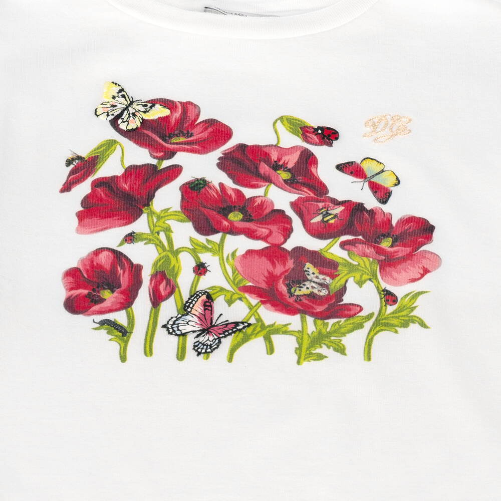 Dolce & Gabbana-Girls White Cotton T-Shirt with Poppy Print | Childrensalon