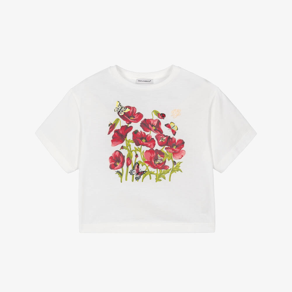 Dolce & Gabbana-Girls White Cotton T-Shirt with Poppy Print | Childrensalon