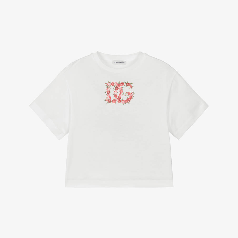 Dolce & Gabbana-Girls White Cotton T-Shirt with Red Rose DG Logo | Childrensalon