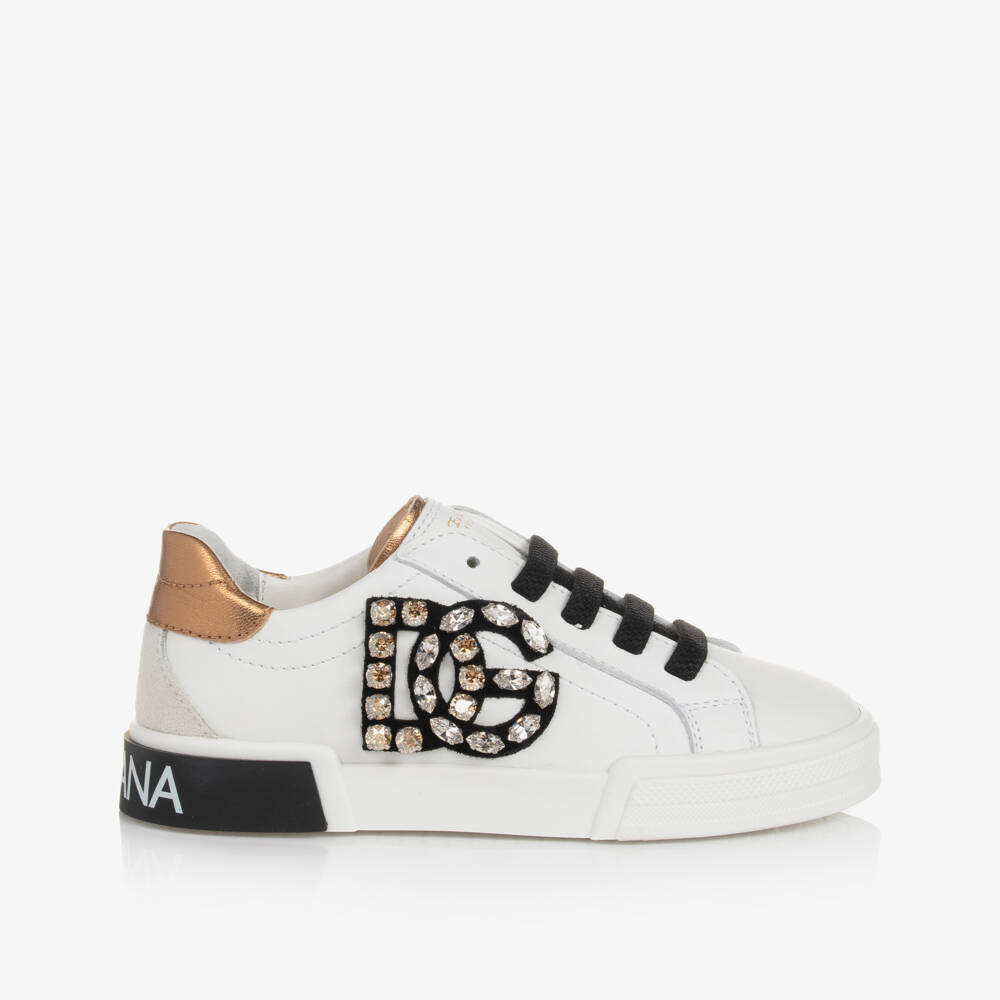 Dolce & Gabbana-Girls White Diamanté Portofino Trainers | Childrensalon