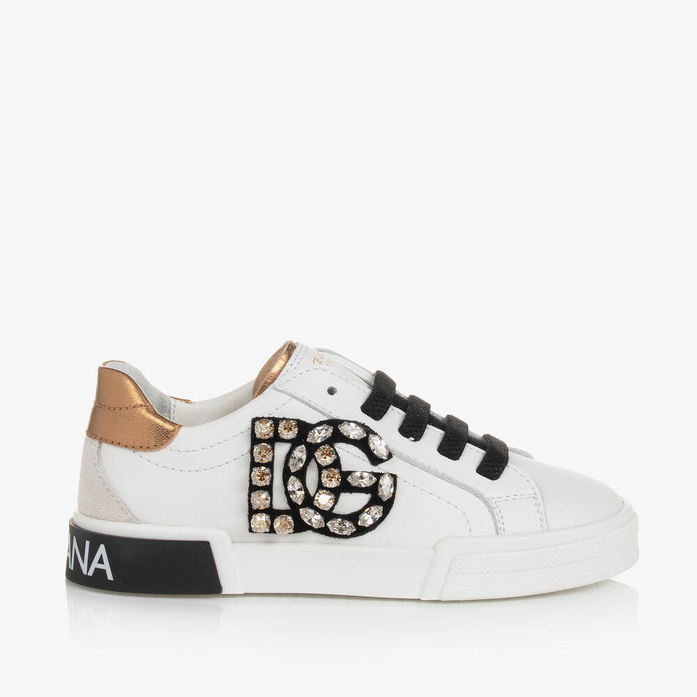 Dolce & Gabbana-Girls White Diamanté Portofino Trainers | Childrensalon