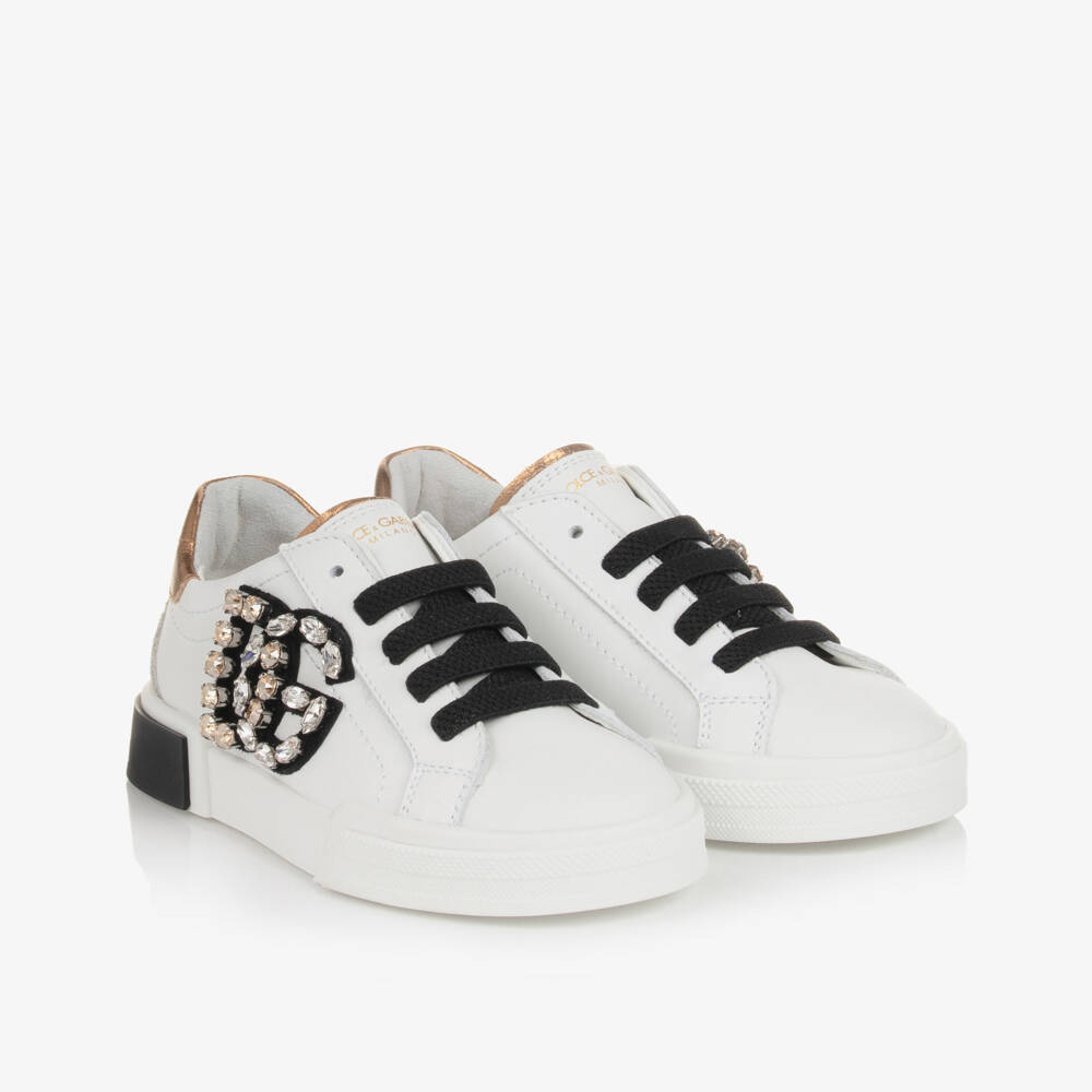 Dolce & Gabbana-Girls White Diamanté Portofino Trainers | Childrensalon