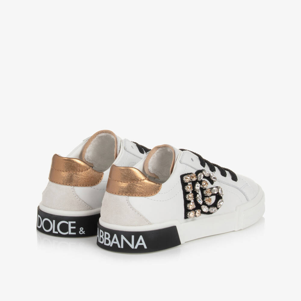 Dolce & Gabbana-Girls White Diamanté Portofino Trainers | Childrensalon