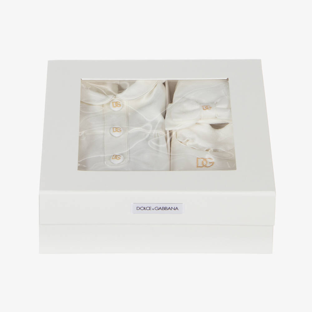 Dolce & Gabbana-طقم هدية أفرول بيبي غرو قطن جيرسي لون أبيض وذهبي | Childrensalon