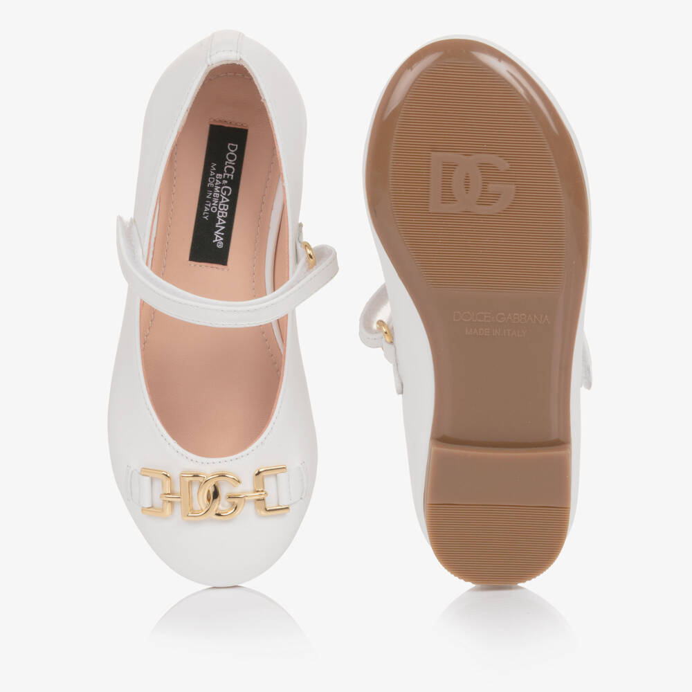 Dolce & Gabbana-Girls White Leather Ballerina Pumos with DG Crossed Logo | Childrensalon