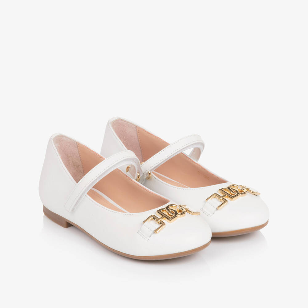 Dolce & Gabbana-Girls White Leather Ballerina Pumos with DG Crossed Logo | Childrensalon