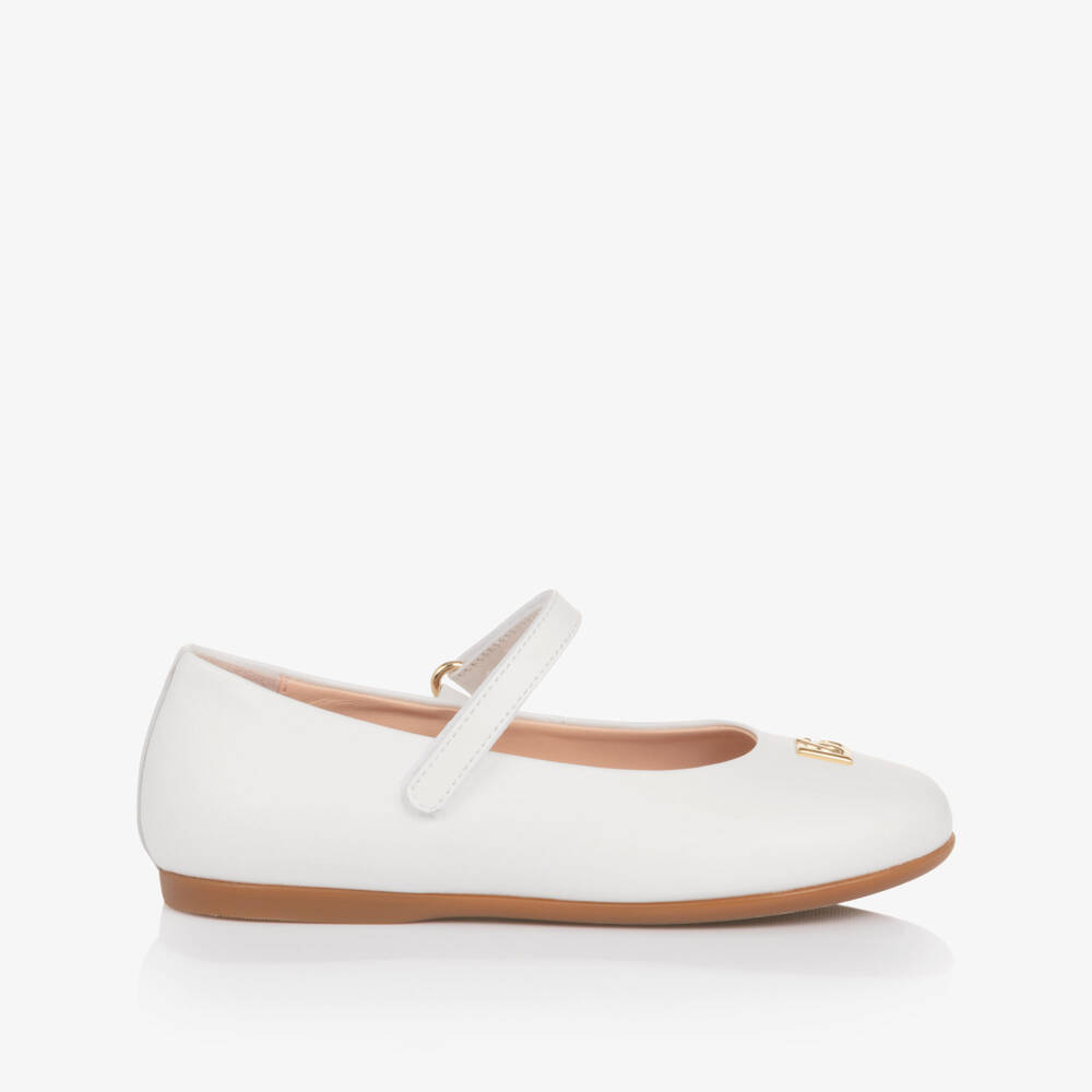 Dolce & Gabbana-Girls White Leather Ballerina Pumps with DG Crossed Logo | Childrensalon