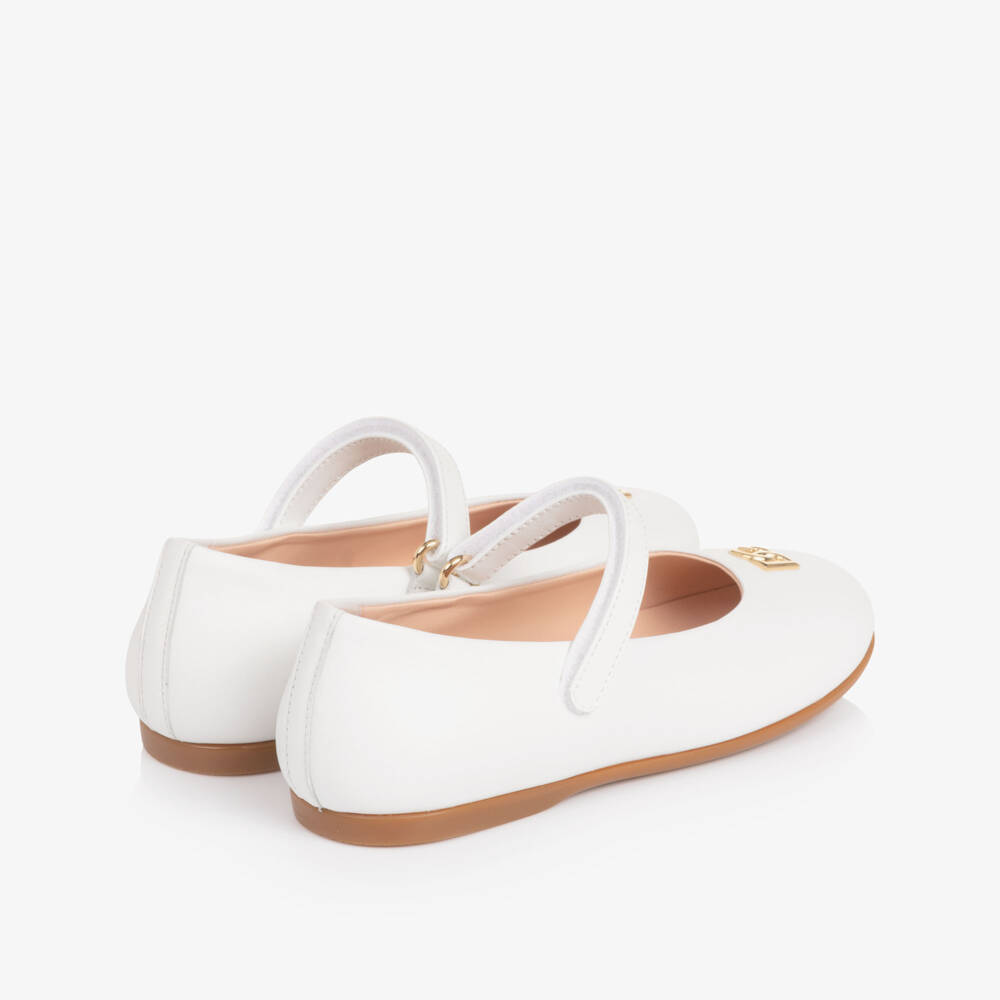 Dolce & Gabbana-Girls White Leather Ballerina Pumps with DG Crossed Logo | Childrensalon
