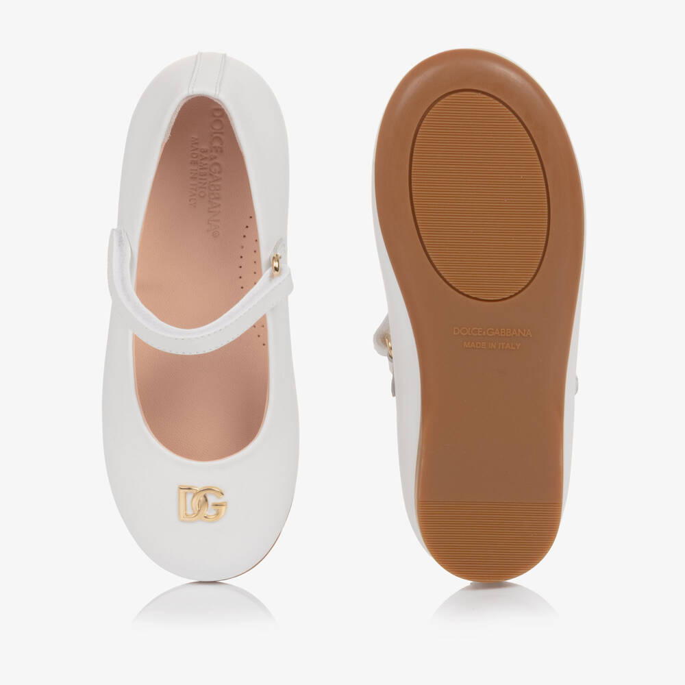 Dolce & Gabbana-Girls White Leather Ballerina Pumps with DG Crossed Logo | Childrensalon