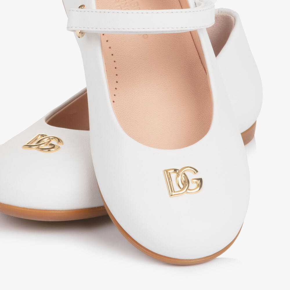 Dolce & Gabbana-Girls White Leather Ballerina Pumps with DG Crossed Logo | Childrensalon