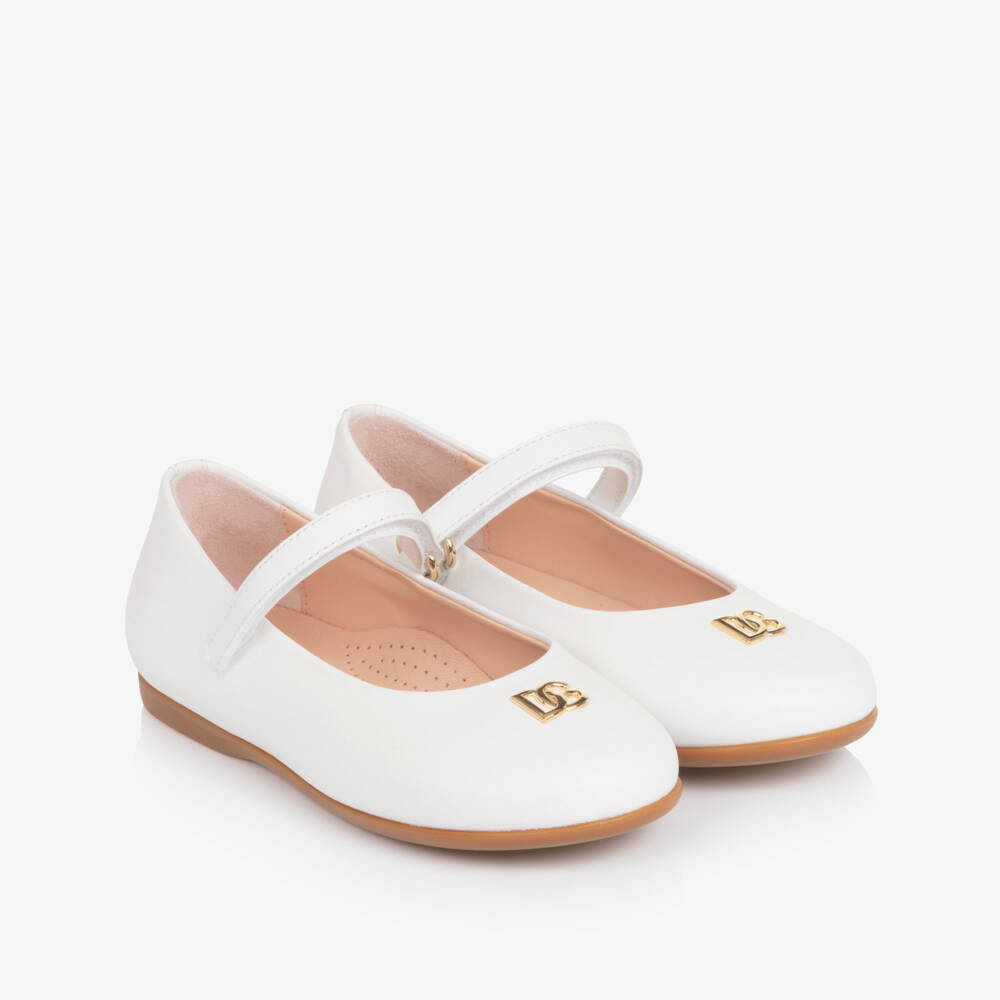 Dolce & Gabbana-Girls White Leather Ballerina Pumps with DG Crossed Logo | Childrensalon