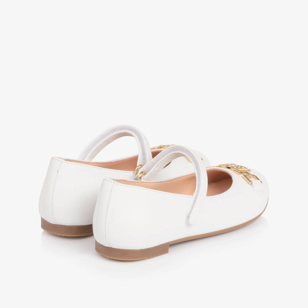 Dolce & Gabbana-Girls White Leather Ballerina Pumps with DG Crossed Logo | Childrensalon