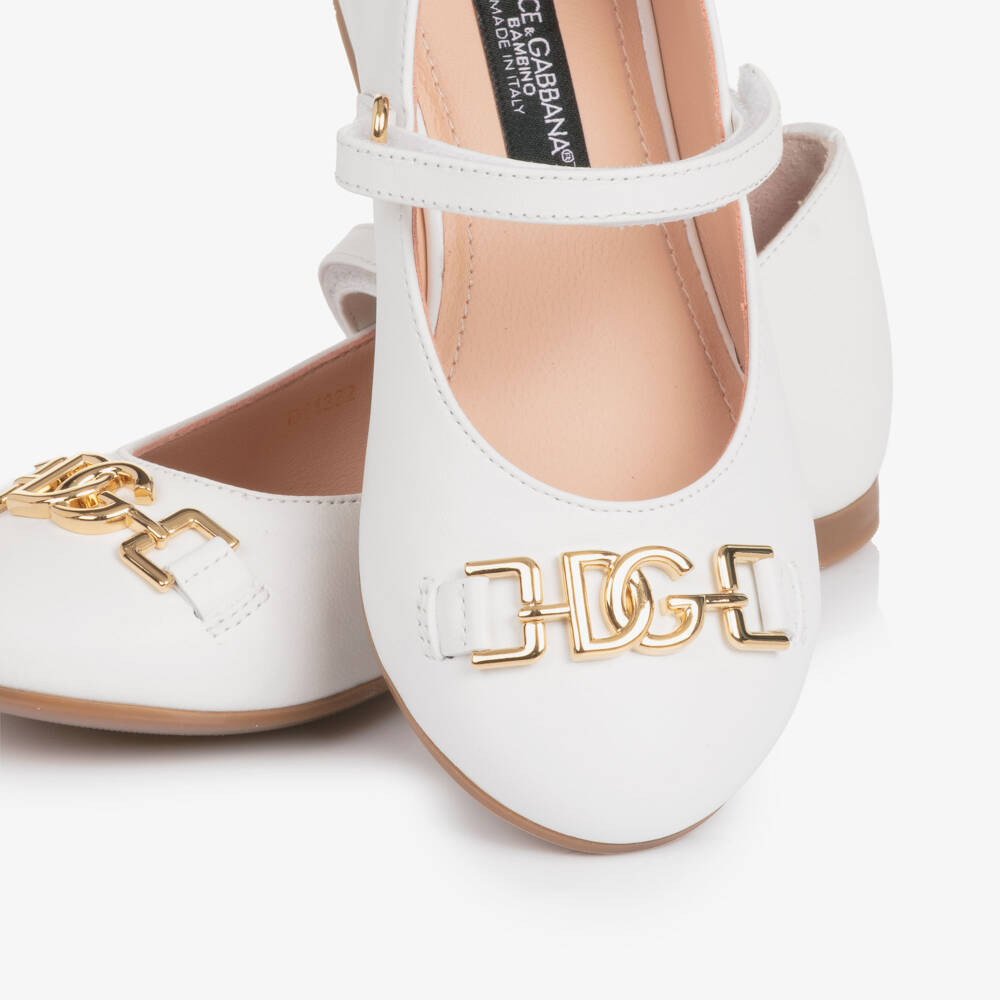 Dolce & Gabbana-Girls White Leather Ballerina Pumps with DG Crossed Logo | Childrensalon