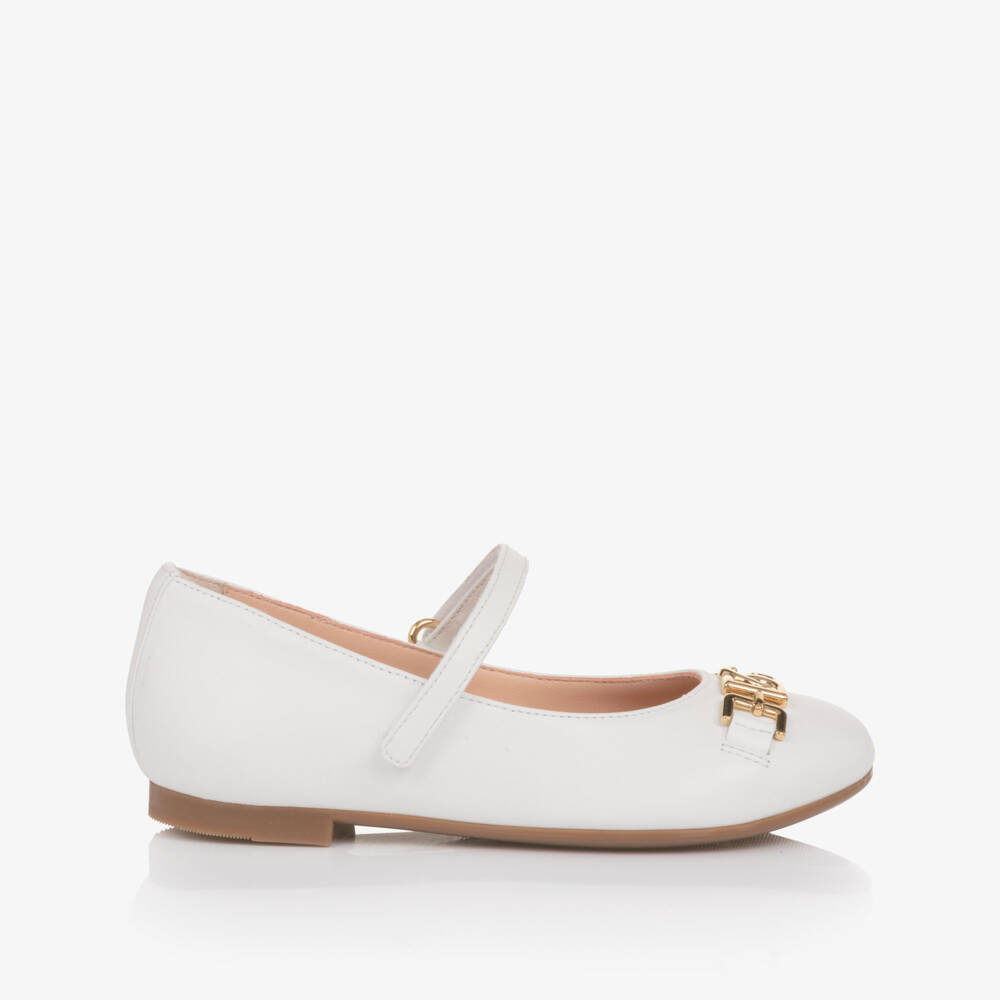 Dolce & Gabbana-Girls White Leather Ballerina Pumps with DG Crossed Logo | Childrensalon