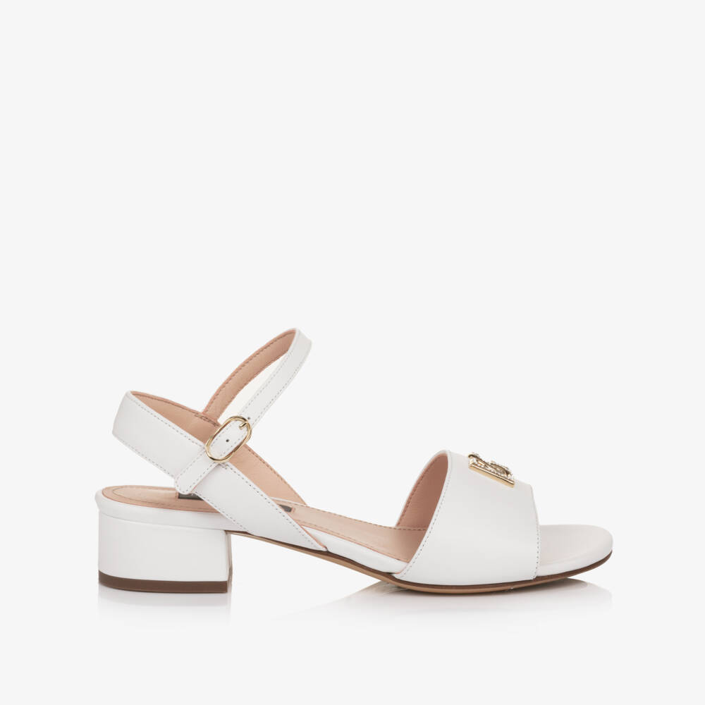 Dolce & Gabbana-Girls White Leather Heeled Sandal with DG Crossed Logo | Childrensalon