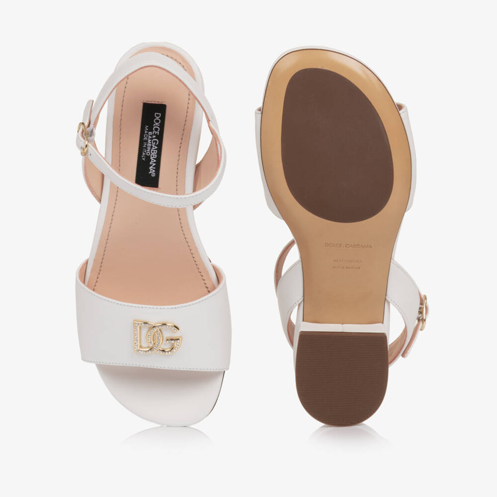 Dolce & Gabbana-Girls White Leather Heeled Sandal with DG Crossed Logo | Childrensalon