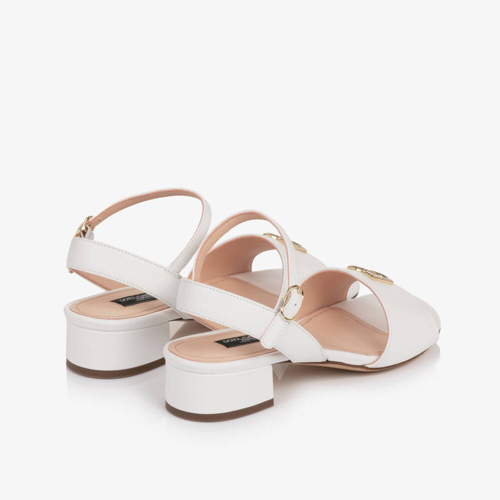 Dolce & Gabbana-Girls White Leather Heeled Sandal with DG Crossed Logo | Childrensalon