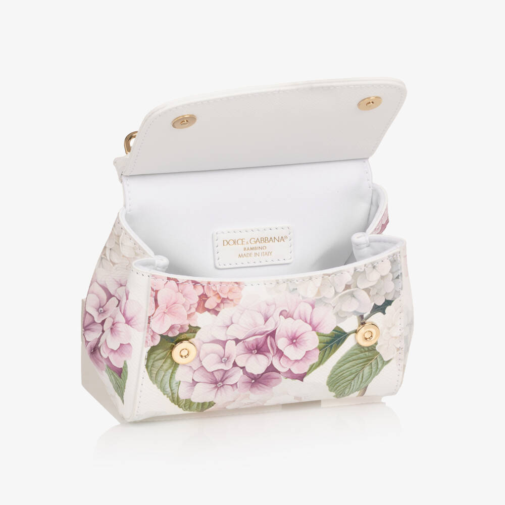 Dolce & Gabbana-Girls White Leather Hydrangea Print Sicily Bag (14cm) | Childrensalon