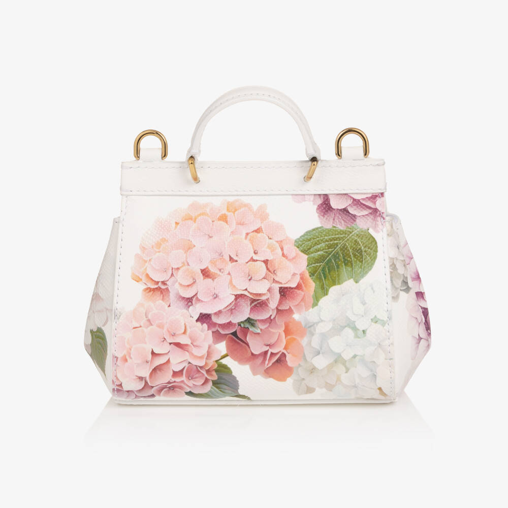 Dolce & Gabbana-Girls White Leather Hydrangea Print Sicily Bag (14cm) | Childrensalon