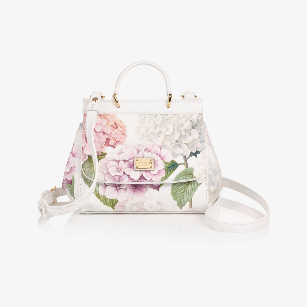Dolce & Gabbana-Girls White Leather Hydrangea Print Sicily Bag (14cm) | Childrensalon