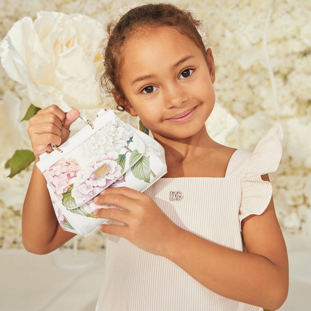 Dolce & Gabbana-Girls White Leather Hydrangea Print Sicily Bag (14cm) | Childrensalon