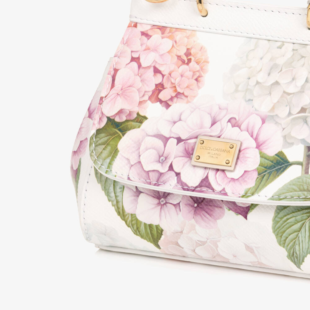 Dolce & Gabbana-Girls White Leather Hydrangea Print Sicily Bag (14cm) | Childrensalon