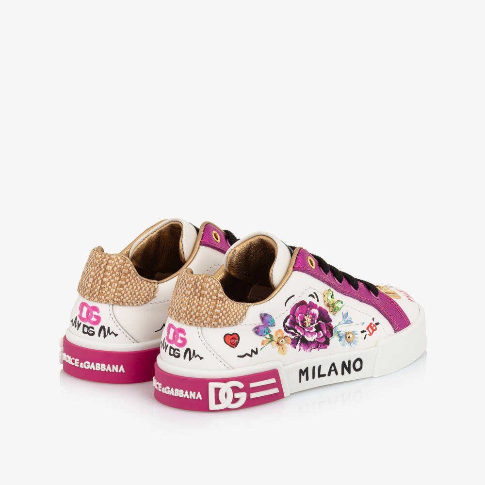 Dolce & Gabbana-Girls White Leather & Raffia Trainers with Florals & Doodles | Childrensalon