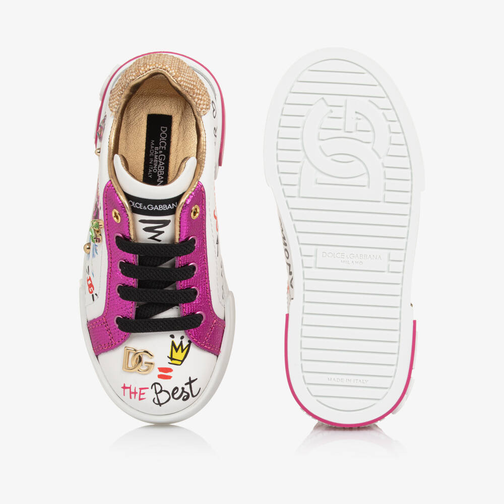 Dolce & Gabbana-Girls White Leather & Raffia Trainers with Florals & Doodles | Childrensalon