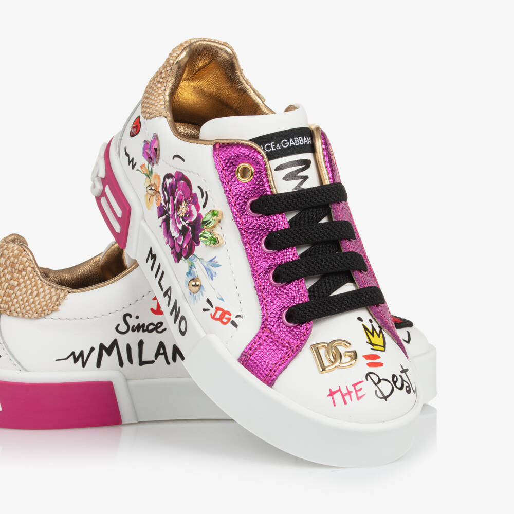 Dolce & Gabbana-Girls White Leather & Raffia Trainers with Florals & Doodles | Childrensalon