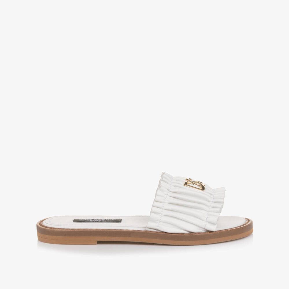 Dolce & Gabbana-Girls White Leather Ruffle Sliders with Crossed DG Logo | Childrensalon