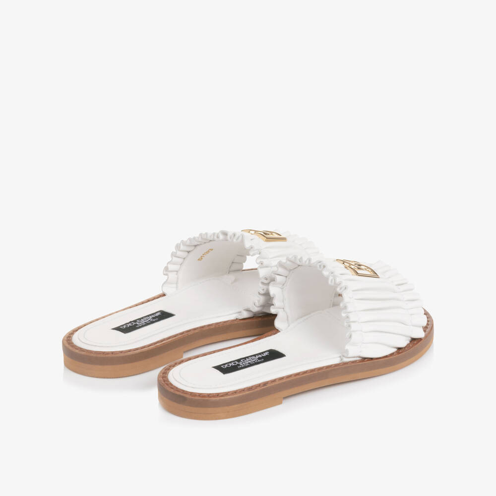 Dolce & Gabbana-Girls White Leather Ruffle Sliders with DG Logo | Childrensalon