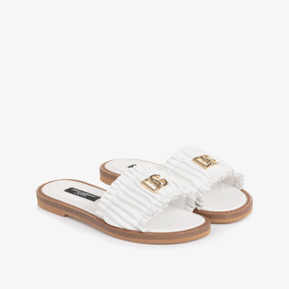 Dolce & Gabbana-Girls White Leather Ruffle Sliders with DG Logo | Childrensalon
