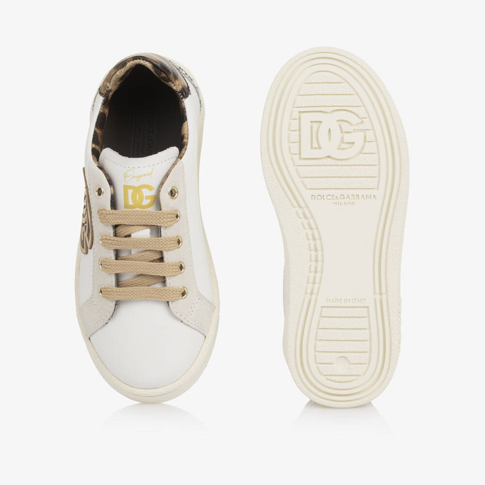 Dolce & Gabbana-Girls White Leather Trainers with Leopard DG Logo | Childrensalon