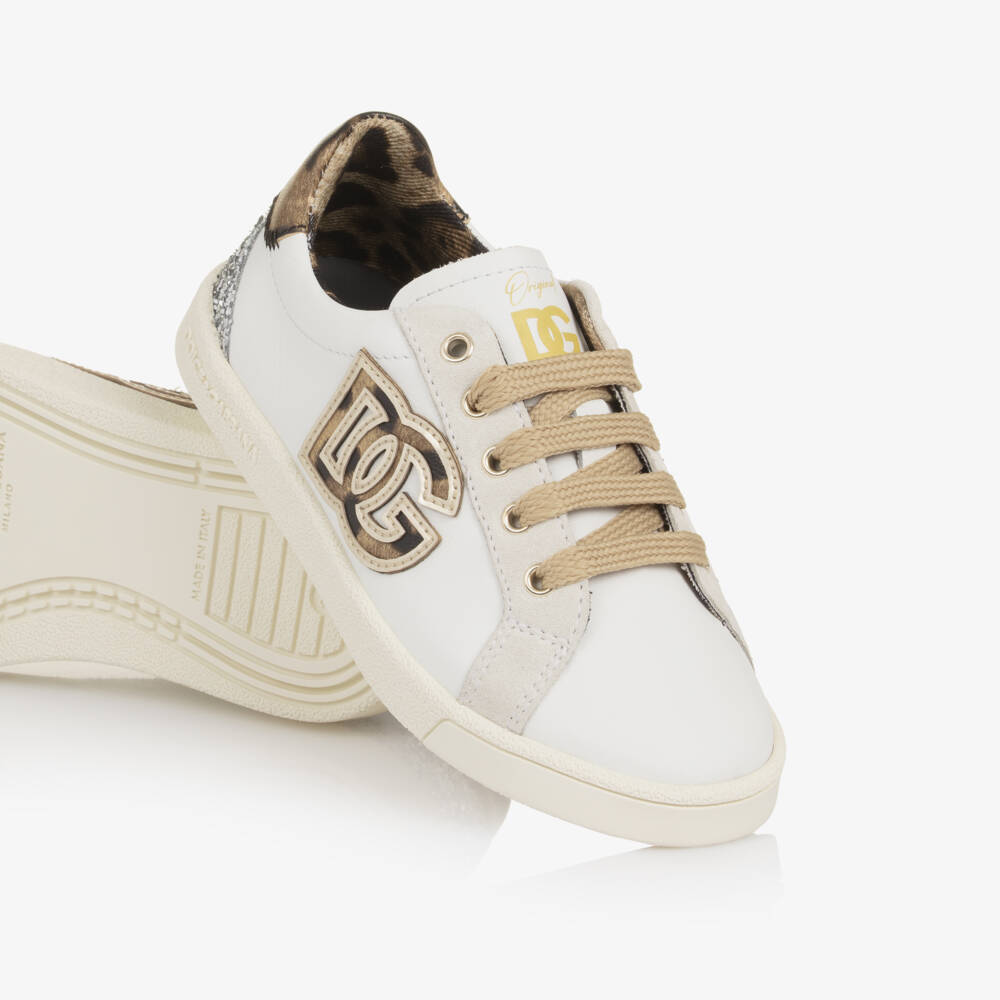 Dolce & Gabbana-Girls White Leather Trainers with Leopard DG Logo | Childrensalon