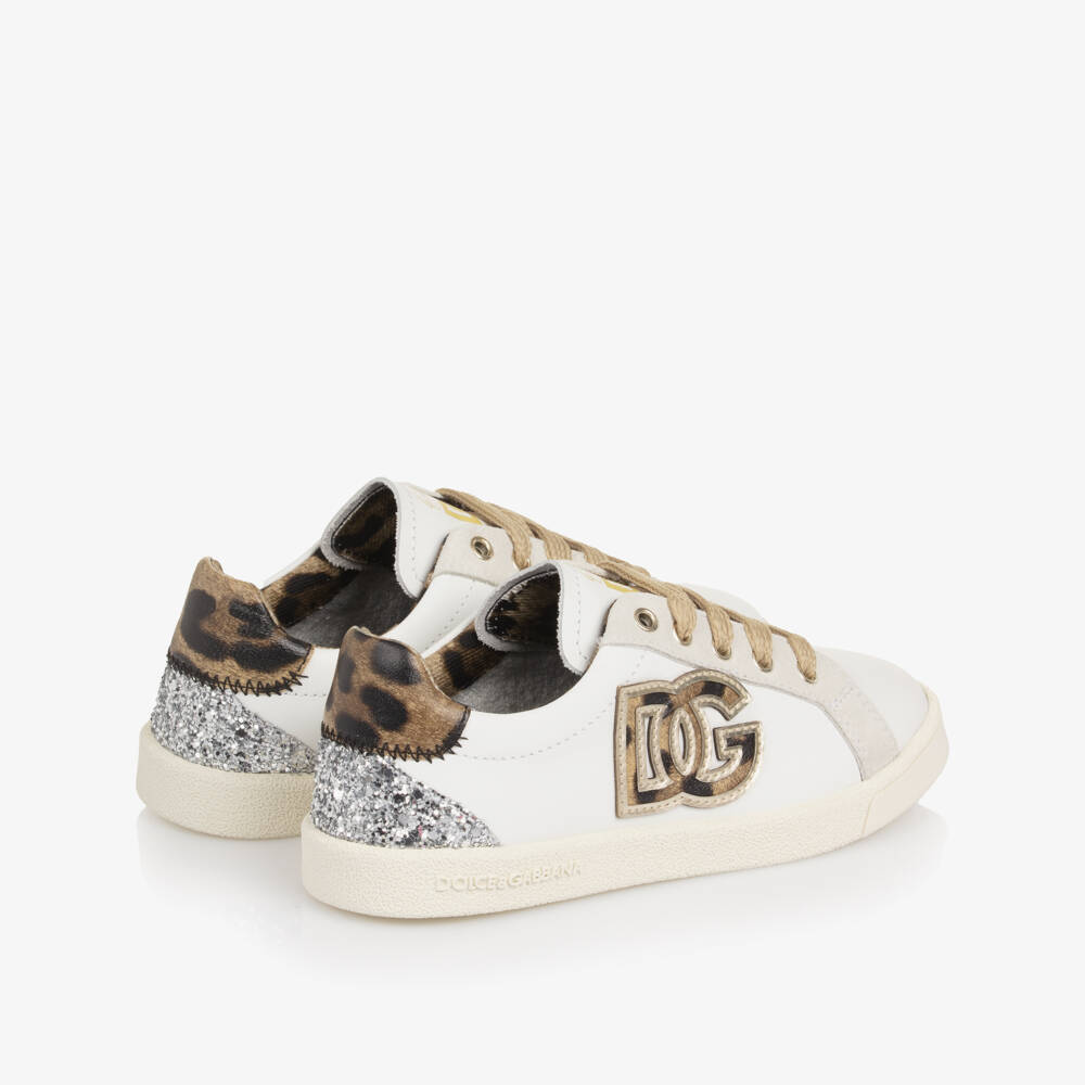 Dolce & Gabbana-Girls White Leather Trainers with Leopard DG Logo | Childrensalon