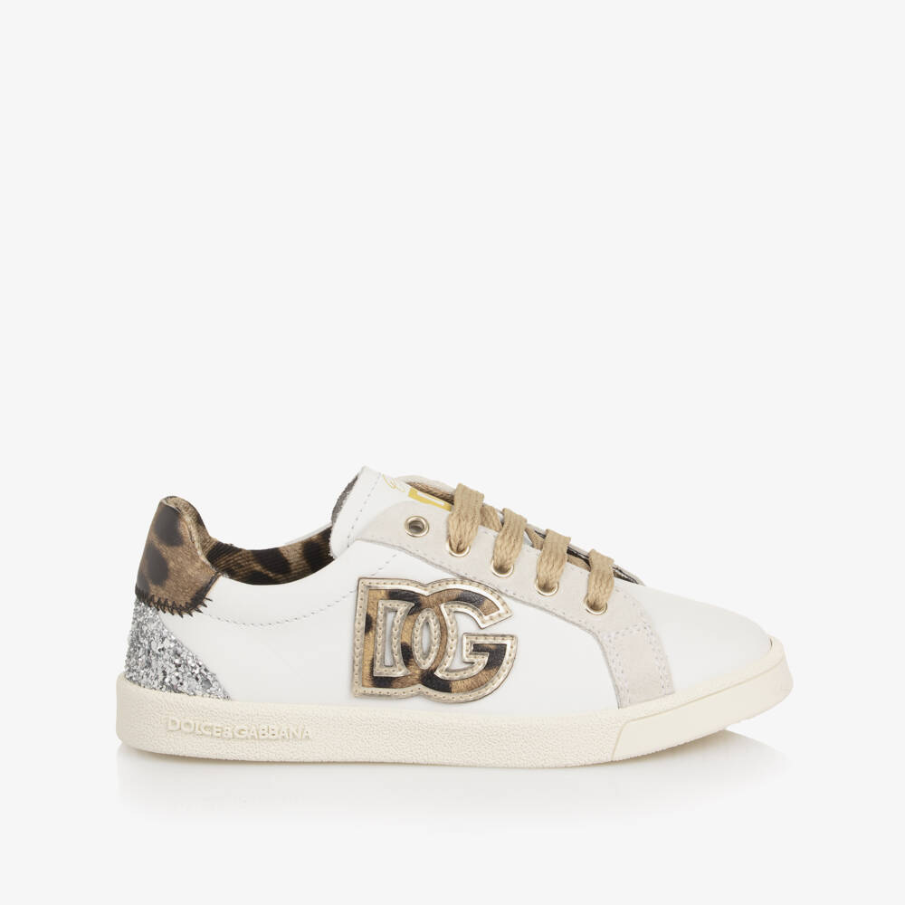 Dolce & Gabbana-Girls White Leather Trainers with Leopard DG Logo | Childrensalon